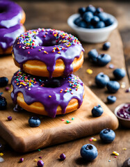 Pink Glazed Donut with Sprinkles Arranged in a Tower on Wooden
