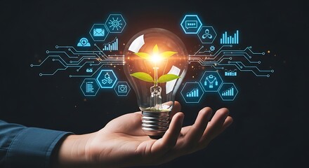 Hand holding a lightbulb with plant and futuristic digital technology icons