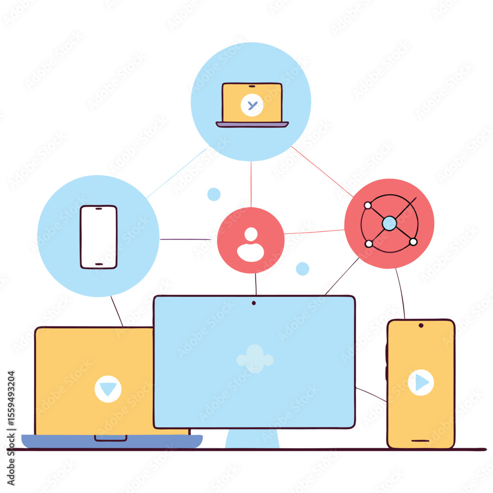 Poster connected devices and user profile in a network diagram illustration