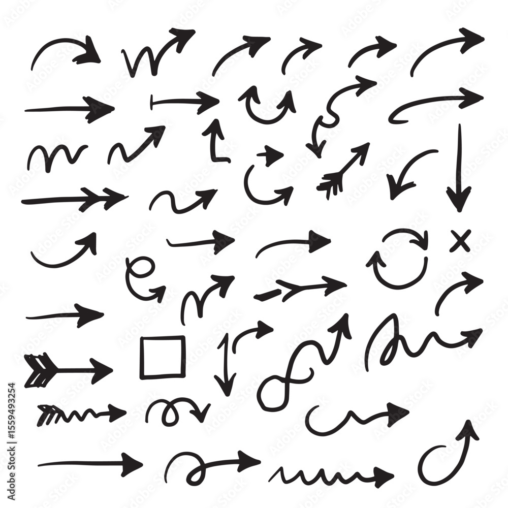 Poster hand drawn doodle arrow icon set with various styles for design and navigation elements
