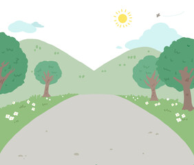 Obraz premium 森や山が見える道のベクターイラスト 