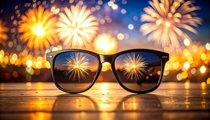 Reflejo de fuegos artificiales en gafas de sol durante celebración patriótica del 4 de julio con cielo iluminado y ambiente festivo de verano estadounidense