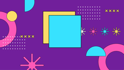 Colorful geometric shapes on a purple background. Suitable for graphic design projects, backgrounds, abstract art prints, and digital presentations.