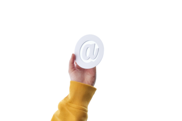 email symbol held by hand on white background.
