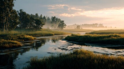 Fototapeta premium Misty river sunrise landscape
