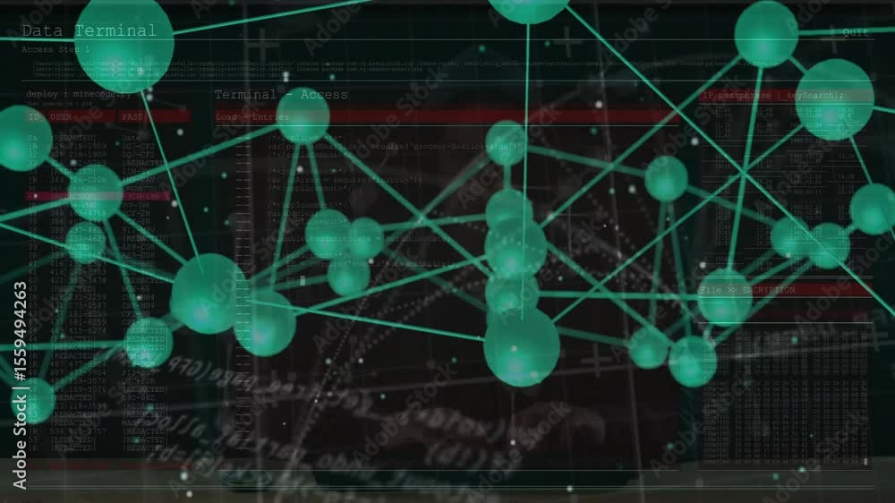 Poster teal network graph fading in rotating and emphasizing clusters highlighting red code in tech ui
