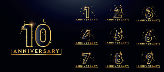 Set of golden anniversary logotypes for celebration events, weddings, greeting cards, and invitations. Gold emblem with number. Vector illustration	