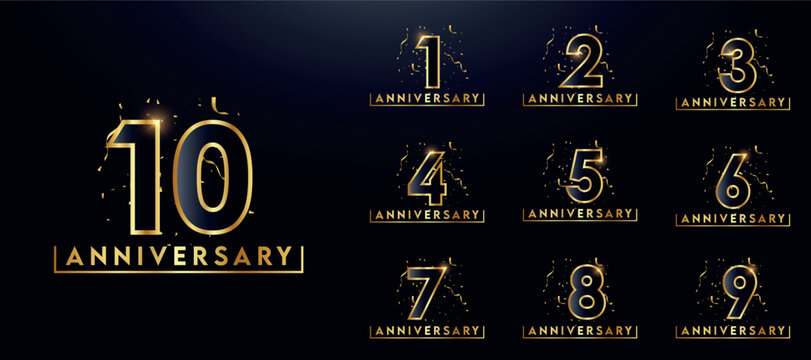 Set of golden anniversary logotypes for celebration events, weddings, greeting cards, and invitations. Gold emblem with number. Vector illustration	
