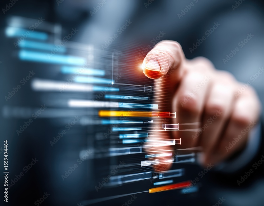 Poster Businessman touching interactive Gantt chart displayed on digital screen, managing project timelines and resources in a technological and innovative way