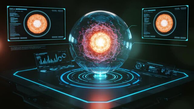 Futuristic Energy Core on Display with Holographic Interface and Detailed Monitoring System
