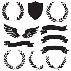 Laurel wreaths, shields, wings, ribbons illustration for awards, 
heraldry, logos, badges, and branding vector silhouette
