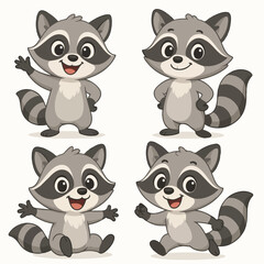 Fototapeta premium Vector Set Cartoon raccoon. Racoon cute character funny animal mascot poses