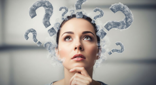 Close-up of a thoughtful woman with question marks made of smoke float around her head. symbolizing decision making, confusion, or curiosity concepts. - Powered by Adobe