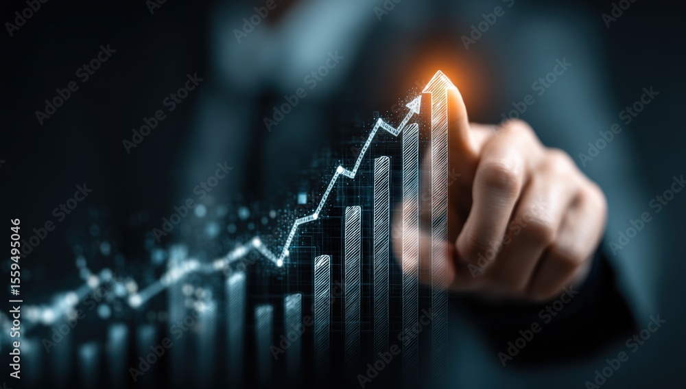 Poster businessman touching a growing graph with an upward arrow on a virtual screen, symbolizing business 