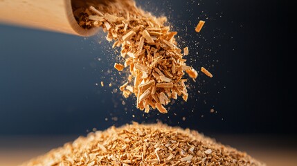 A detailed image of wood chips being produced at a timber processing facility, showcasing the byproduct of the milling process and its potential for further use.