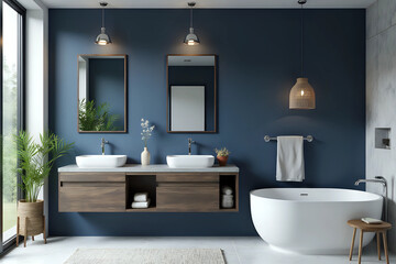 Modern Bathroom interior design on dark blue wall. 3d rendering.
