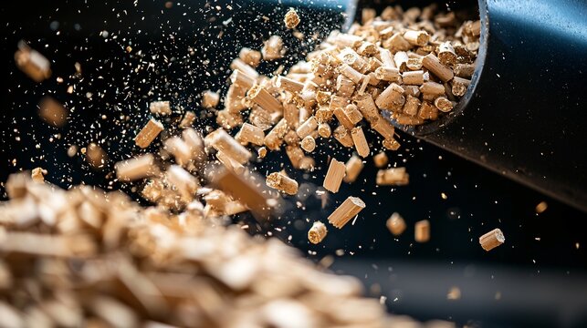 A detailed image of wood chips being produced at a timber processing facility, showcasing the byproduct of the milling process and its potential for further use.