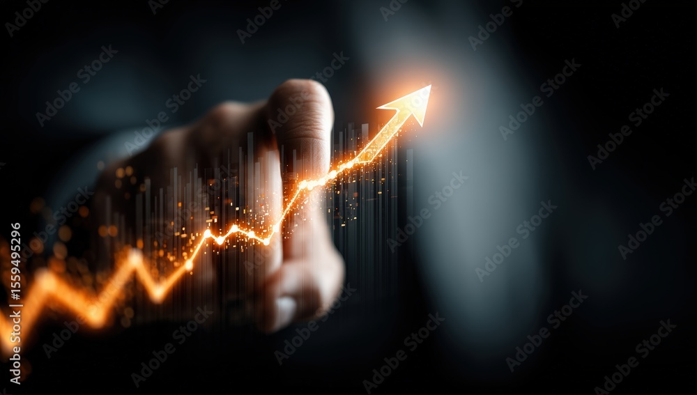Poster businessman touching a growing graph chart with an upward arrow, representing the concept of busines