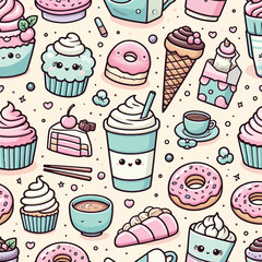 Adorable Kawaii Desserts Seamless Pattern Cute Cupcakes, Donuts, and Drinks