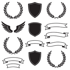Laurel wreaths, shields, wings, ribbons illustration for awards, 
heraldry, logos, badges, and branding vector silhouette