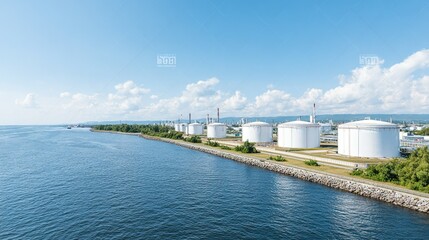 Large white storage tanks line a waterfront industrial complex.