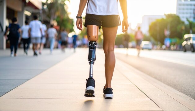 Person with Bionic Limb Walking Along Urban Sidewalk