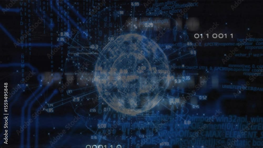 Poster dark ui showing holographic 3d globe rotating with binary flowing, mesh enveloping visualizing data