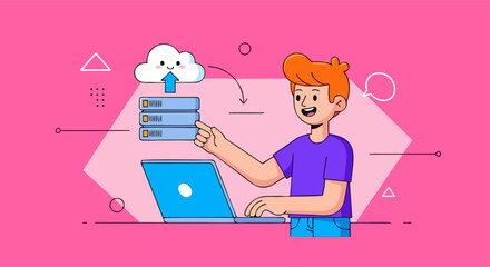 Happy Boy Uploads Data to Cloud Server via Laptop