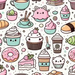 Adorable Kawaii Food and Drink Seamless Pattern Cute Desserts, Coffee, and Treats