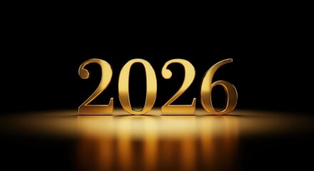 Shiny gold three dimensional number 2026 resting on a reflective golden surface with a dark background