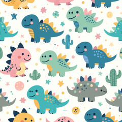 Adorable Dinosaur Seamless Pattern Cute Cartoon Dino Design for Kids
