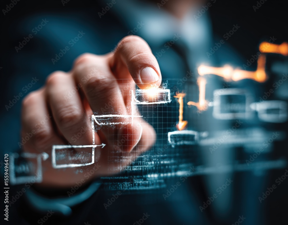 Poster Manager touching digital giant chart on virtual screen, managing project workflow, business development and growth idea