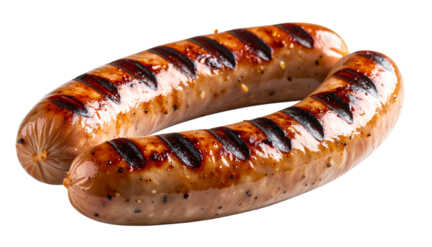 A cooked sausage shows grill marks and some seed like inclusions isolated on transparent background