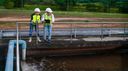 Wastewater treatment plant engineers are working together to inspect the wastewater treatment system for defects in order to improve the system.