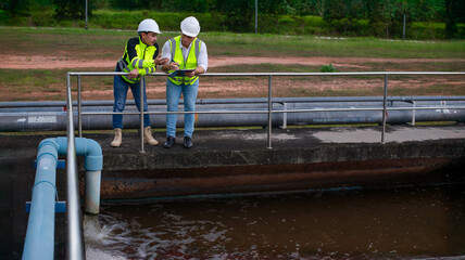 Wastewater treatment plant engineers are working together to inspect the wastewater treatment system for defects in order to improve the system.