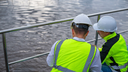 Wastewater treatment plant engineers are working together to inspect the wastewater treatment system for defects in order to improve the system.