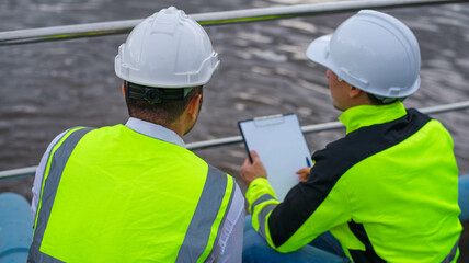 Wastewater treatment plant engineers are working together to inspect the wastewater treatment system for defects in order to improve the system.