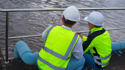 Wastewater treatment plant engineers are working together to inspect the wastewater treatment system for defects in order to improve the system.