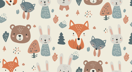 Adorable Woodland Creatures Seamless Pattern Cute Fox, Bear, Rabbit, and Wolf Illustration