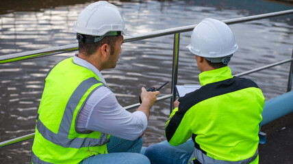Wastewater treatment plant engineers are working together to inspect the wastewater treatment...