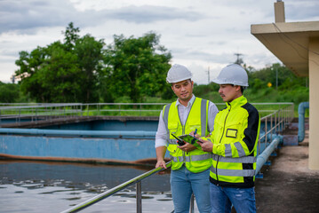 Wastewater treatment plant engineers are working together to inspect the wastewater treatment...