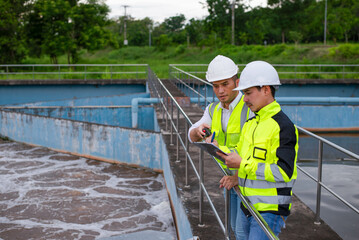 Wastewater treatment plant engineers are working together to inspect the wastewater treatment...