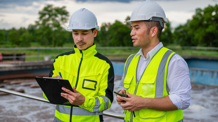 Wastewater treatment engineers are working together to develop a water filtration system for a wastewater treatment plant.