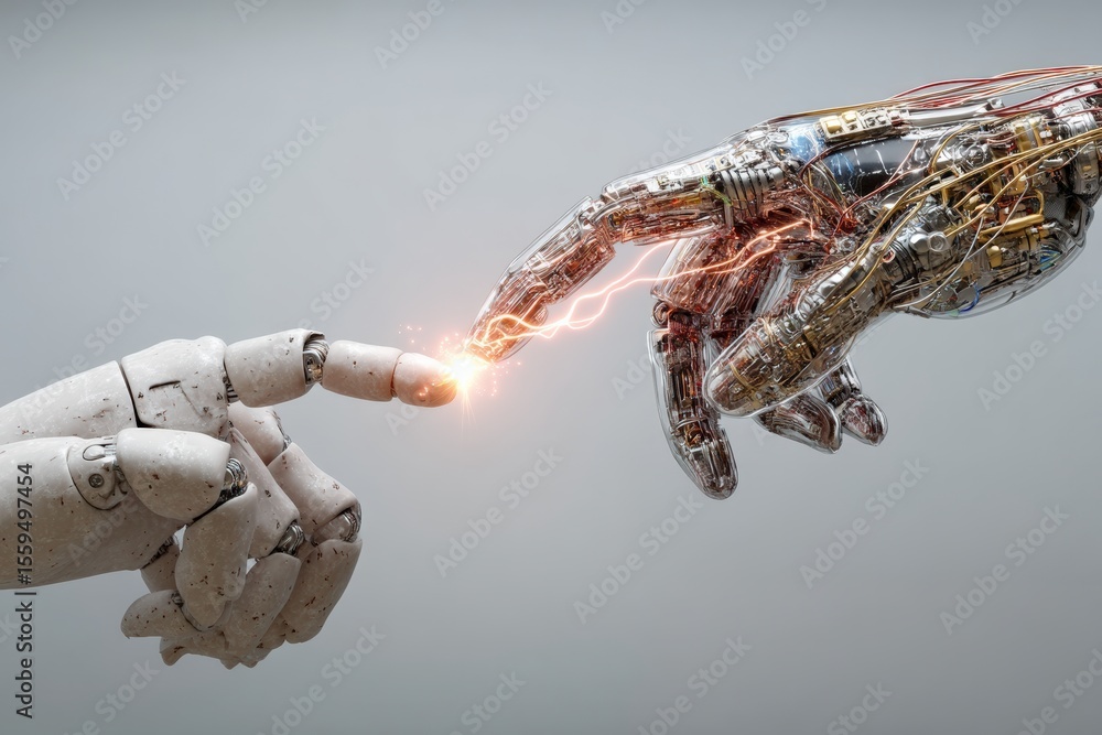 Poster two robotic hands, one white and one transparent, are almost touching each other, exchanging energy 