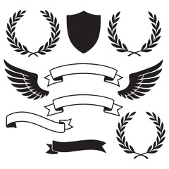 Laurel wreaths, shields, wings, ribbons illustration for awards, 
heraldry, logos, badges, and branding vector silhouette