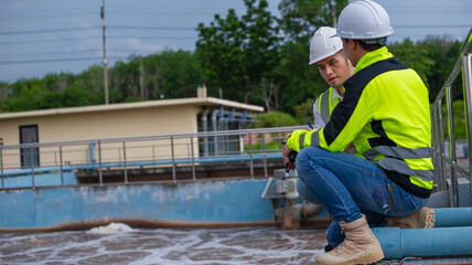 Wastewater treatment engineers and inspectors work together to identify faults in the wastewater treatment plant's filtration system.