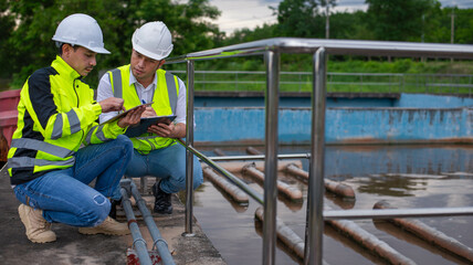 Wastewater treatment plant engineers are planning and discussing the installation of a new filtration system for a wastewater treatment plant.