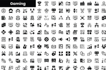 A comprehensive collection of black and white gaming icons, featuring various controllers, trophies, and avatars, symbolizing the diverse elements of the gaming world.
