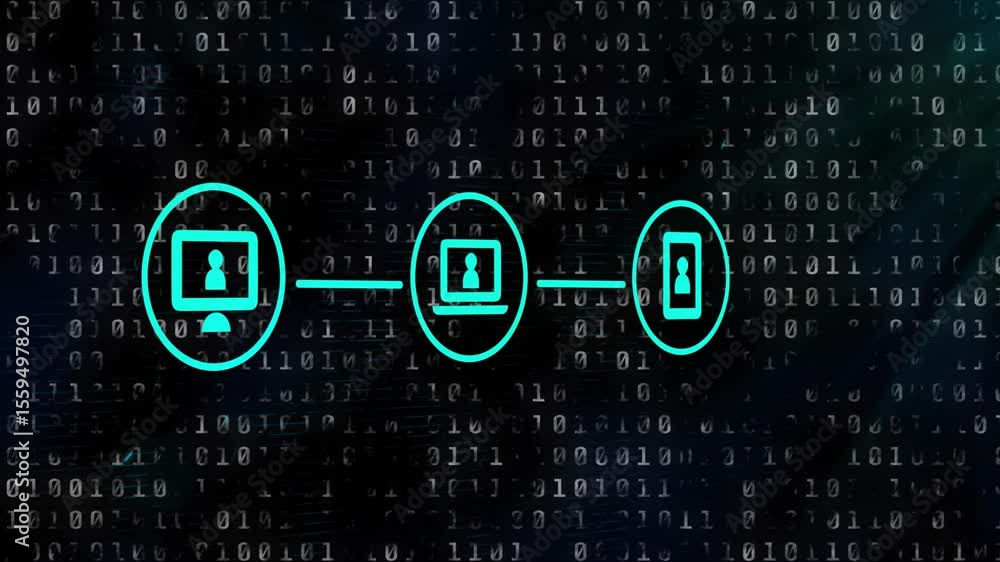 Poster scrolling binary digits activating three teal icons pulsing, syncing and detaching for network demo