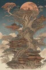 Naklejka premium Dark eerie painting of ancient, haunted, abandoned, mysterious old buildings